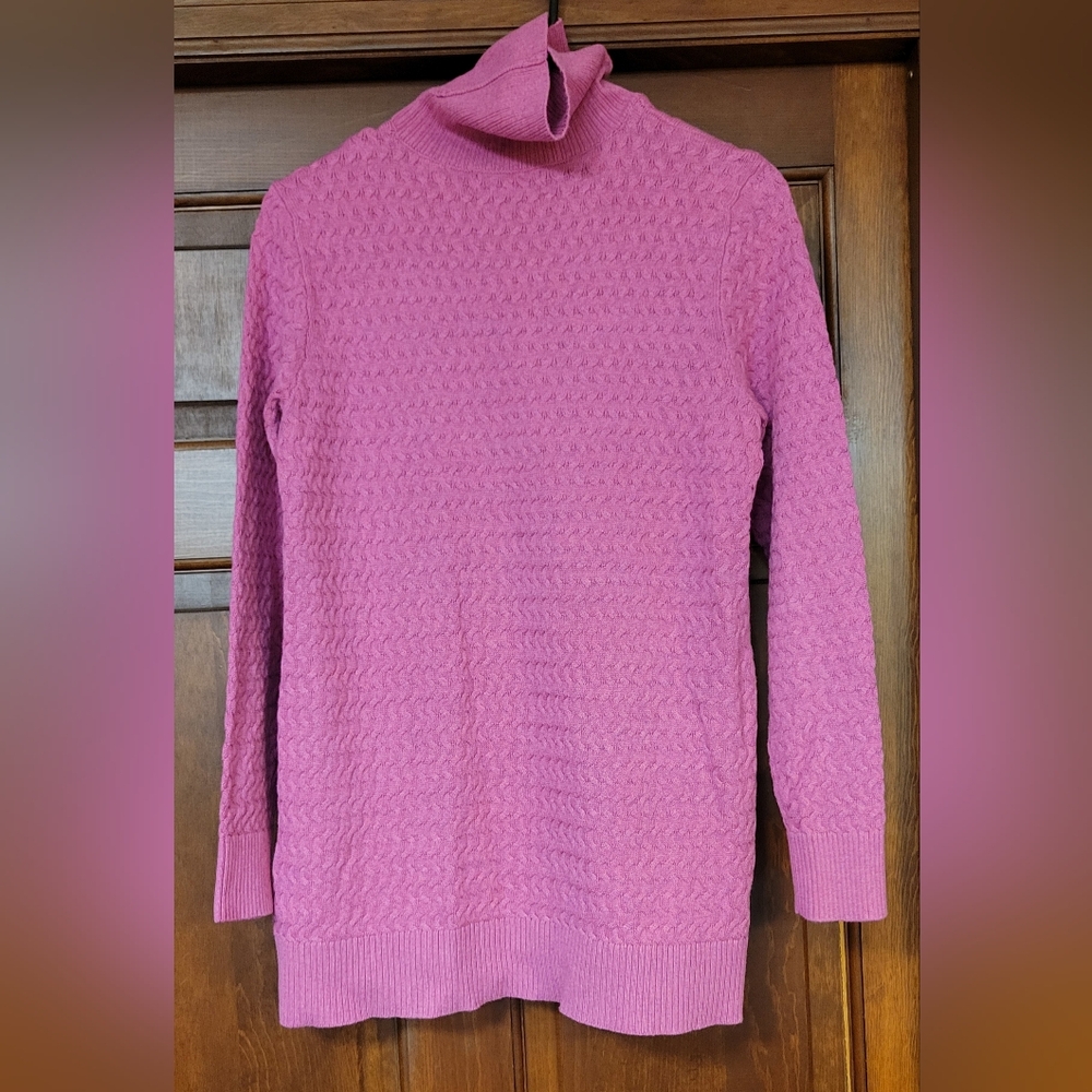 Lands End Women Cable Knit Turtleneck Sweater Pink Cotton Long Sleeve Size Small